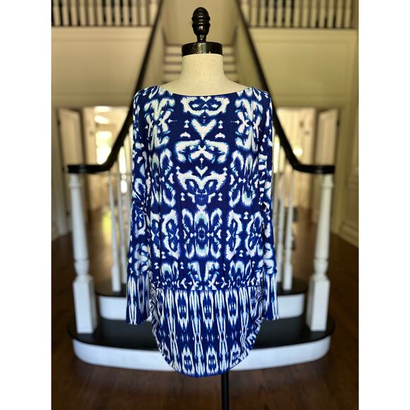 Boston Proper Blue Ikat Dress BodyCon Long Sleeve Summer Dress Pool Beach Resort - Picture 2 of 12